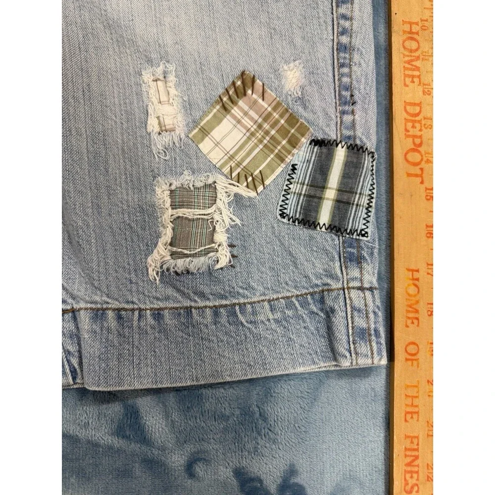 Vintage Something Trickie Y2K Patchwork Denim Shorts Distressed Plaid Size 9